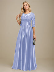 A-line Scoop Illusion Floor-Length Stretch Satin Lace Mother of the Bride Dress With Bow Sequins
