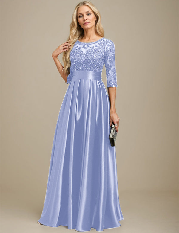A-line Scoop Illusion Floor-Length Stretch Satin Lace Mother of the Bride Dress With Bow Sequins
