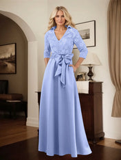 Classic V-Neck Bow Accented Satin Mother Of The Bride Dress With Lace
