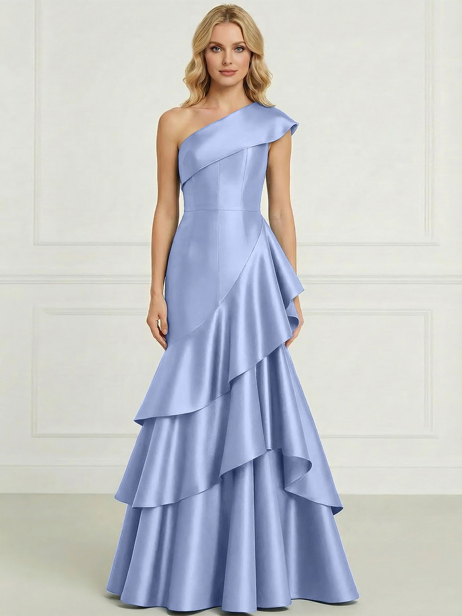 Formal Evening Dress Dark Blue One-Shoulder Satin Tiered Maxi Gown