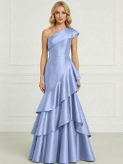 Formal Evening Dress Dark Blue One-Shoulder Satin Tiered Maxi Gown