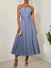 White Pleated Classic Strapless Sleeveless A-Line Midi Dress