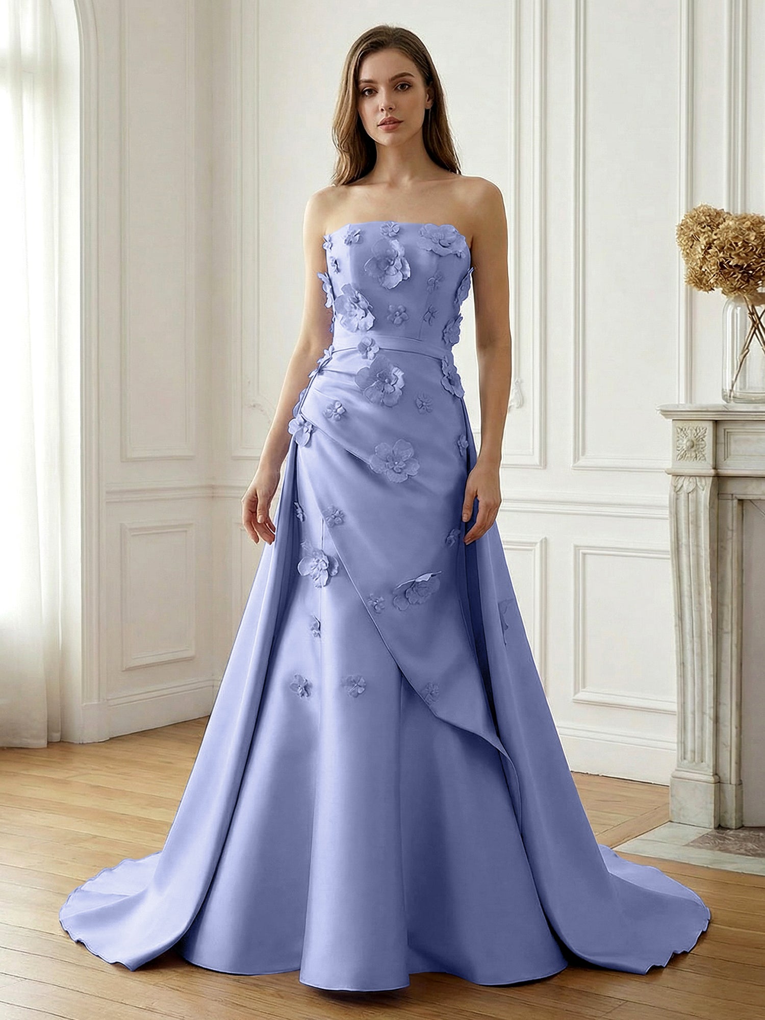 Lavender Satin 3D Floral Strapless A-Line Gown