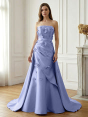 Lavender Satin 3D Floral Strapless A-Line Gown
