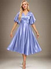 A-line V-Neck Tea-Length Stretch Satin Mother of the Bride Dress With Beading Pleated