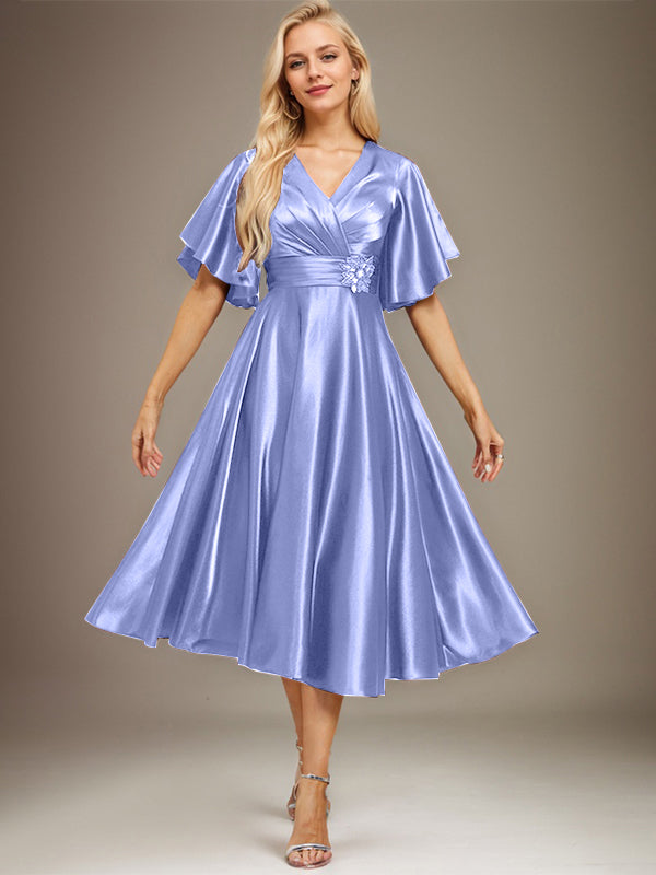 A-line V-Neck Tea-Length Stretch Satin Mother of the Bride Dress With Beading Pleated