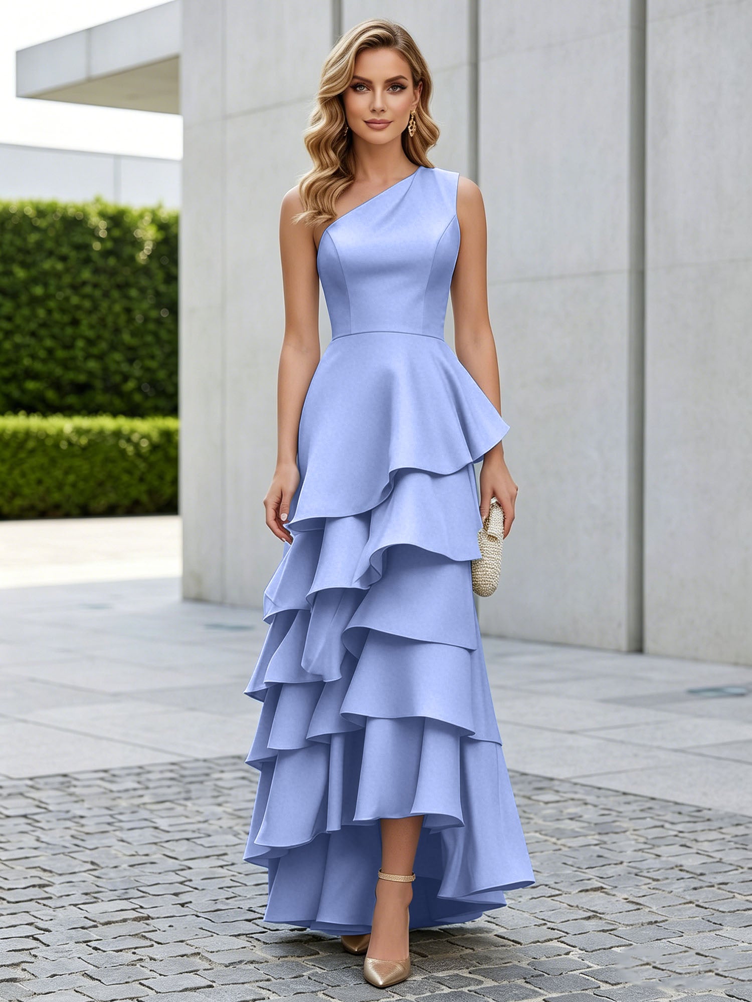 One Shoulder Tiered Ruffle Satin Mermaid Evening Gown with Sculptural Layers