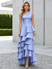 One Shoulder Tiered Ruffle Satin Mermaid Evening Gown with Sculptural Layers