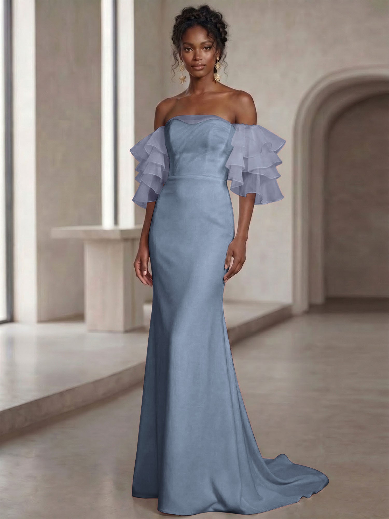 White Mermaid Off the Shoulder Ruffled Long Wedding Reception Dress