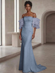 White Mermaid Off the Shoulder Ruffled Long Wedding Reception Dress