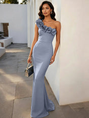 Navy Blue 3D Floral Classic One Shoulder Sleeveless Mermaid Gown Dress