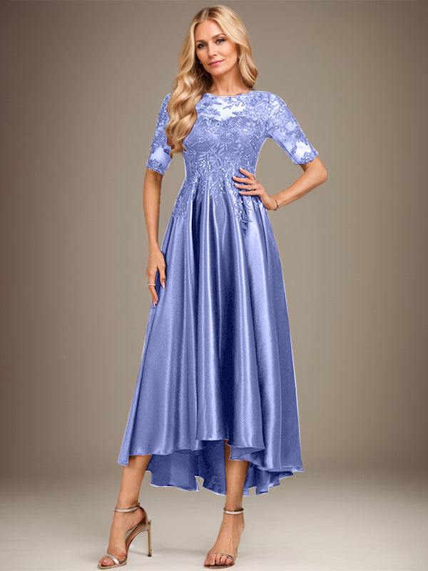 A-line Scoop Illusion Asymmetrical Stretch Satin Lace Mother of the Bride Dress With Sequins