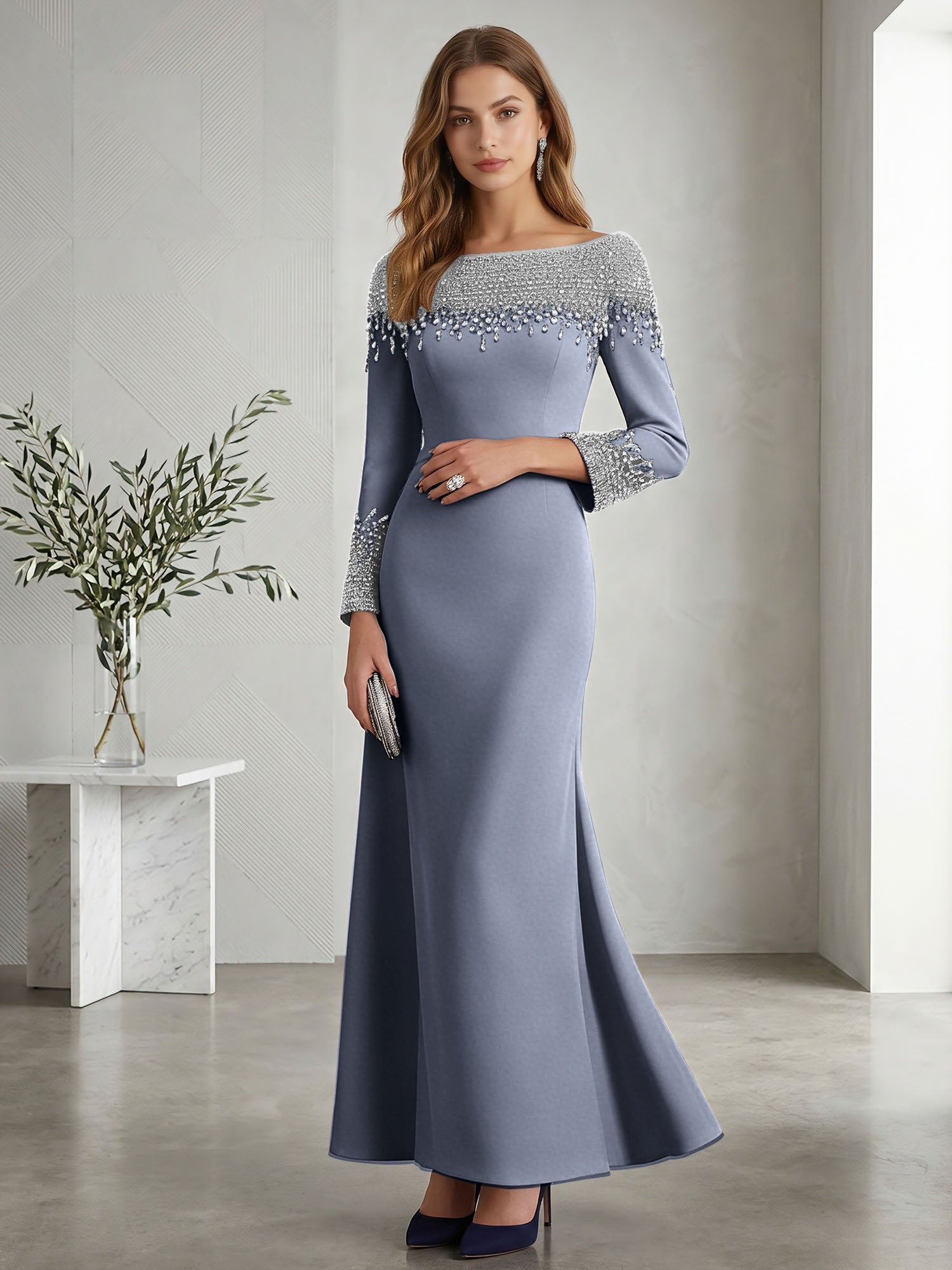 Formal Evening Dress Midnight Navy Velvet Long Sleeves Maxi Dress with Crystal