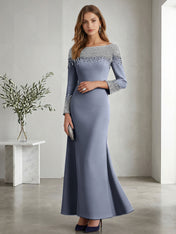 Formal Evening Dress Midnight Navy Velvet Long Sleeves Maxi Dress with Crystal