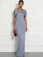Regal Plum Crepe Column Gown with Satin Criss-Cross Halter Maxi Dress