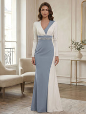 Elegant Navy & White Color-Block Long Sleeve Floor-Length Evening Gown Formal Dresses