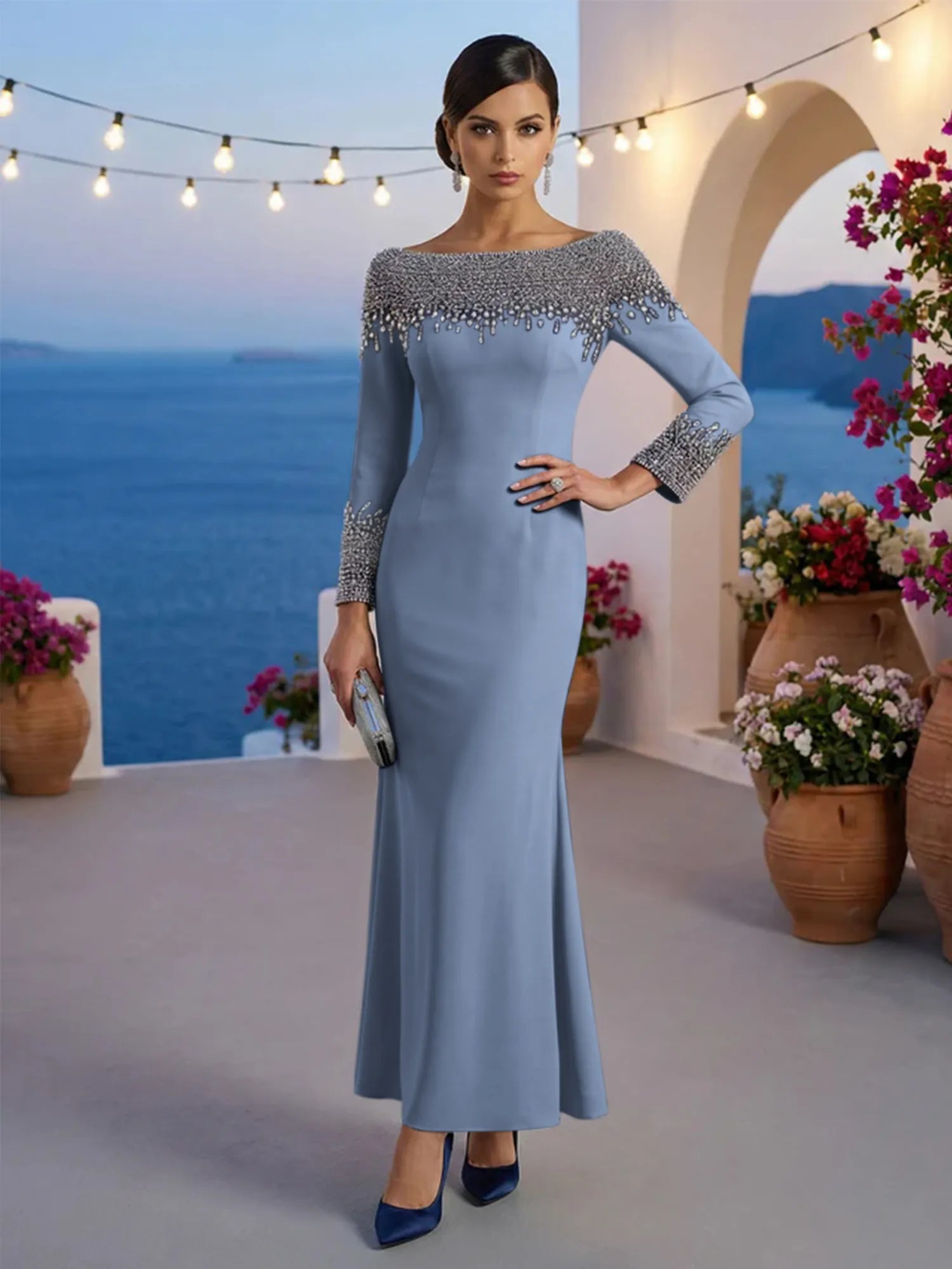 Formal Evening Dress Blue Velvet Long Sleeves Maxi Dress with Crystal