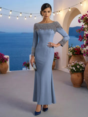 Formal Evening Dress Blue Velvet Long Sleeves Maxi Dress with Crystal