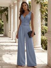 Women Pink Lace Deep V Neck Sleeveless Dressy Jumpsuit