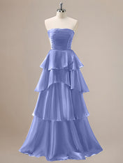 Red A Line Strapless Pleated Tiered Floor Length Ruffle Bridesmaid Dress