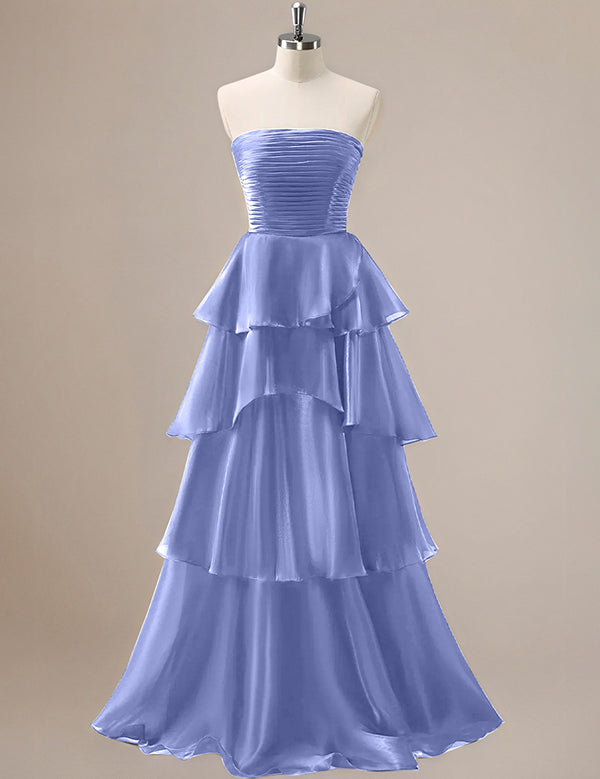 Red A Line Strapless Pleated Tiered Floor Length Ruffle Bridesmaid Dress