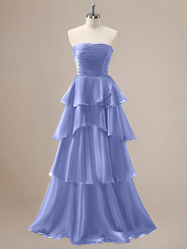 Red A Line Strapless Pleated Tiered Floor Length Ruffle Bridesmaid Dress