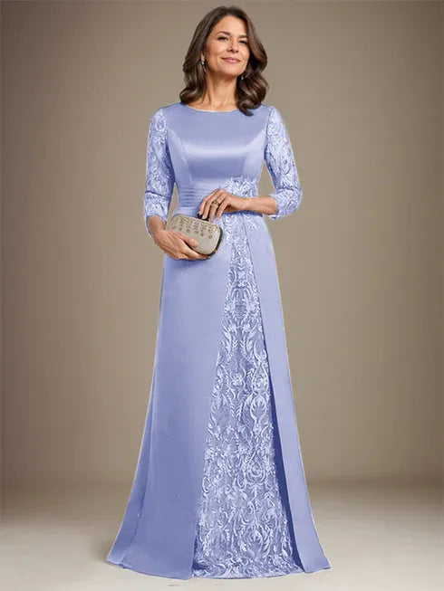 A-Line Scoop Floor-Length Lace Satin Mother Of the Bride Dress With Applique
