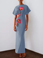 Red 3D Floral Appliqué Boat Neck Short Sleeve Backless Sheath Maxi Dress