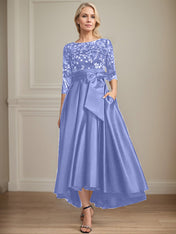 A-line Scoop Illusion Asymmetrical Satin Lace Mother of the Bride Dress With Bow