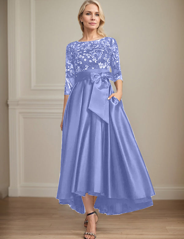 Robe de mère de la mariée asymétrique en satin et dentelle, coupe trapèze, décolleté en V, avec nœud 