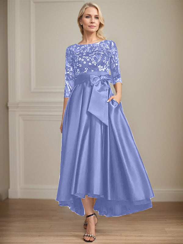 A-line Scoop Illusion Asymmetrical Satin Lace Mother of the Bride Dress With Bow