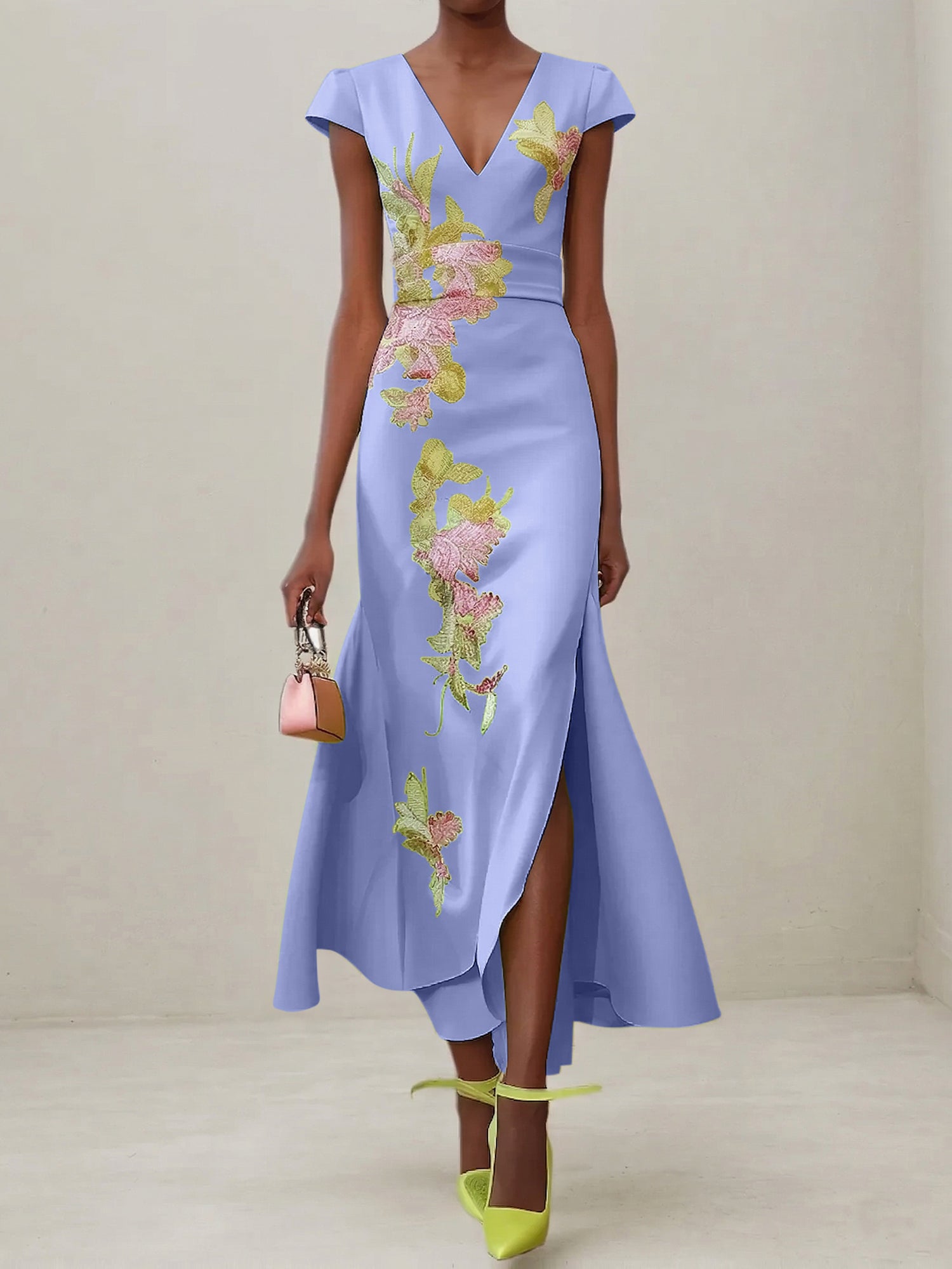 Green Floral V Neck Embroidered Cap Sleeve Slit Sheath Maxi Dress