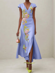 Green Floral V Neck Embroidered Cap Sleeve Slit Sheath Maxi Dress