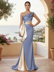 One Shoulder Mermaid Satin Pleat Evening Dresses with Bow