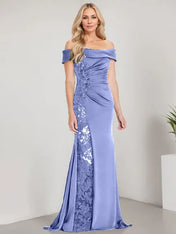 A-Line Off the Shoulder Floor-Length Mother of the Bride Dress Applique Beadings Mermaid Dress With  High Split
