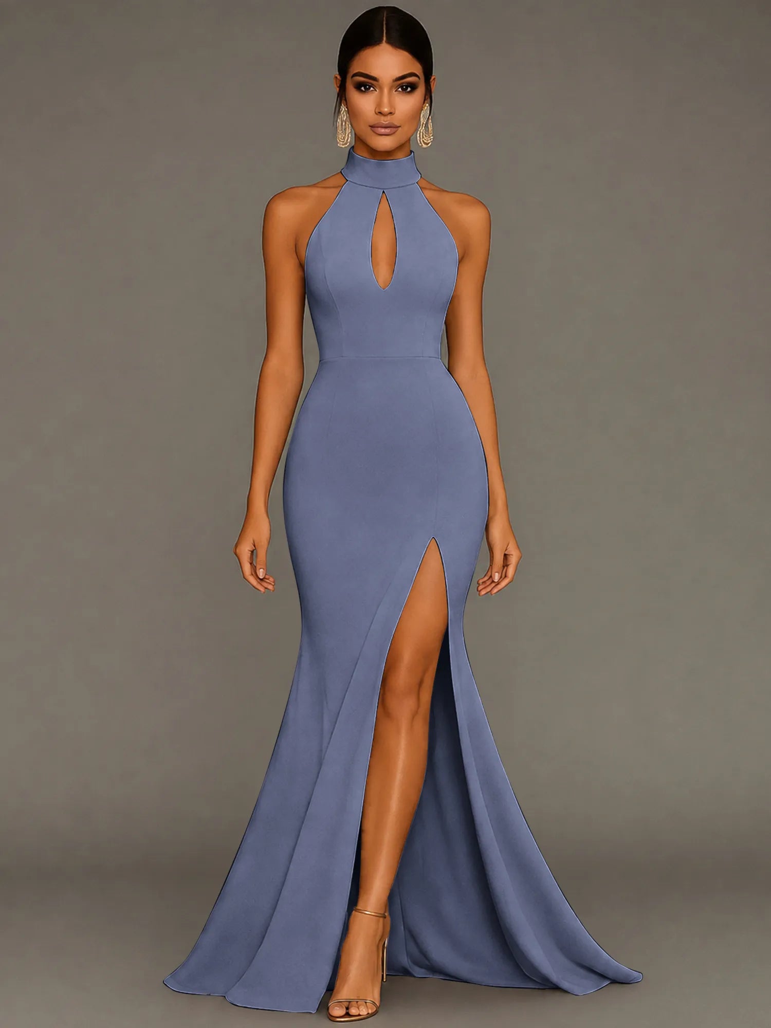 Mermaid Halter Neck Satin Formal Dress with Slit