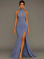 Mermaid Halter Neck Satin Formal Dress with Slit