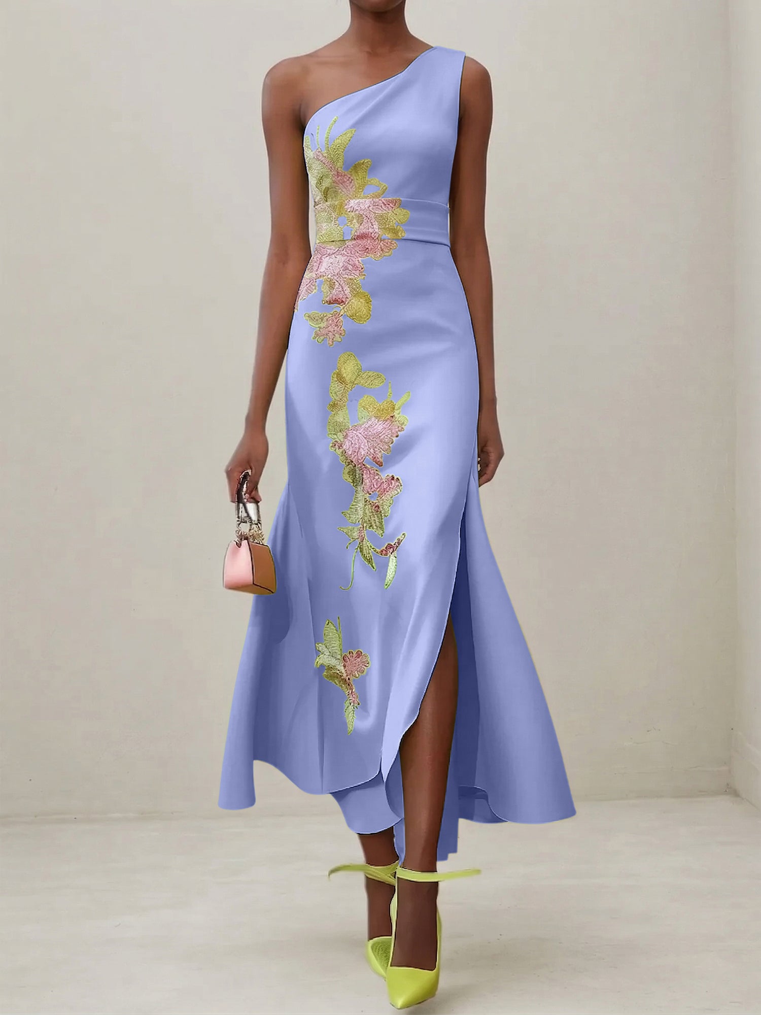 Green Floral One Shoulder Embroidered Cap Sleeve Slit Sheath Maxi Dress