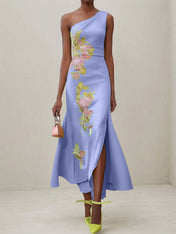 Green Floral One Shoulder Embroidered Cap Sleeve Slit Sheath Maxi Dress