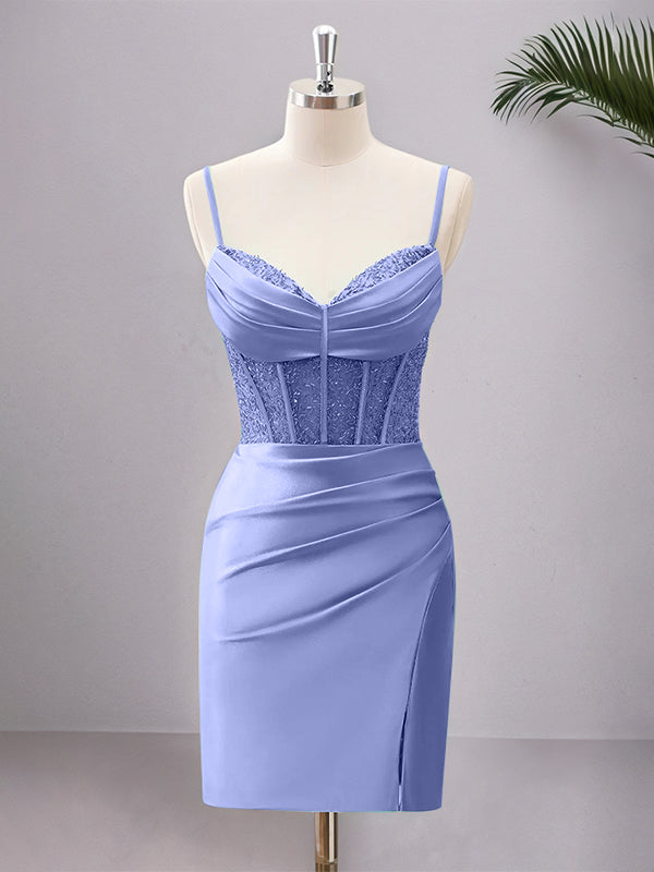 Spaghetti Straps Bodycon Corset Satin Homecoming Dress with Slit