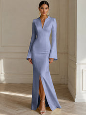 Formal Yellow V Neck Long Sleeves Floor Length Dress With Slit