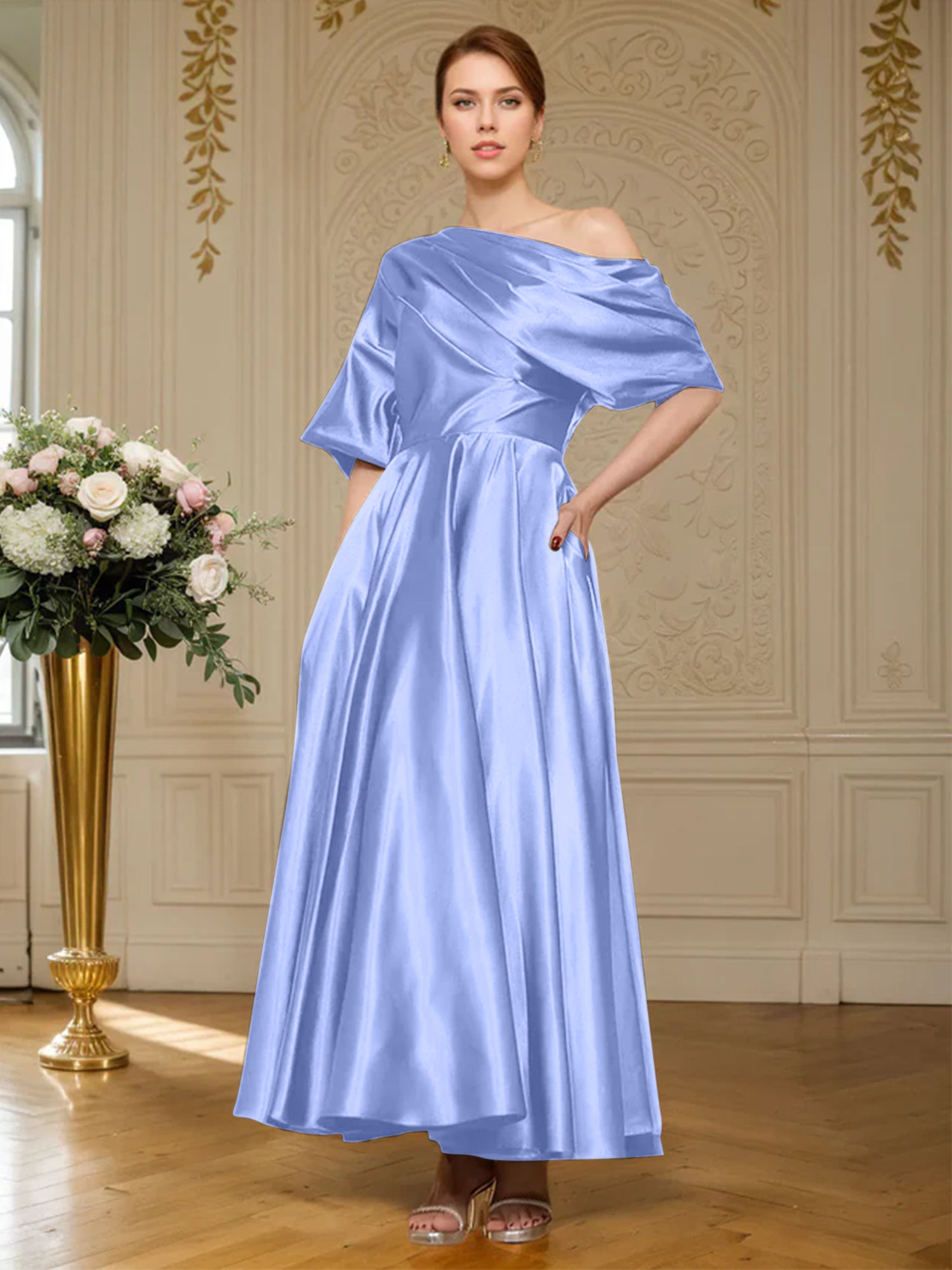A-line Short Sleeves Pleated Ankle-Length Silk like Satin Mother of the Bride Dress
