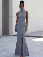 High-Neck Cross-Bodice Sleeveless Maxi Dress