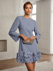 Powder Blue 3D Floral Classic Crew Neck Bell Long Sleeve Shift Mini Dress
