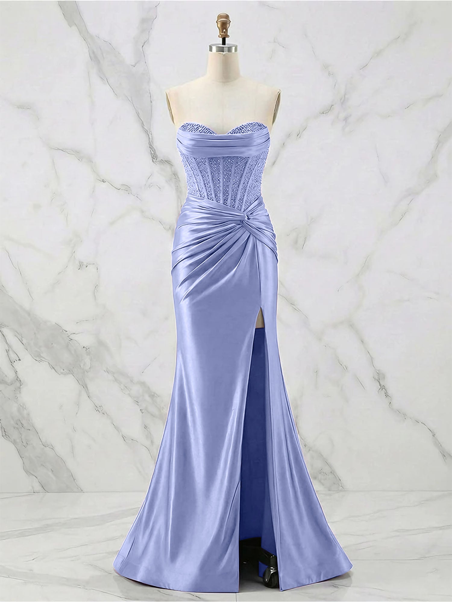Glamorous Strapless Beaded Corset Satin Prom Dress with Slit