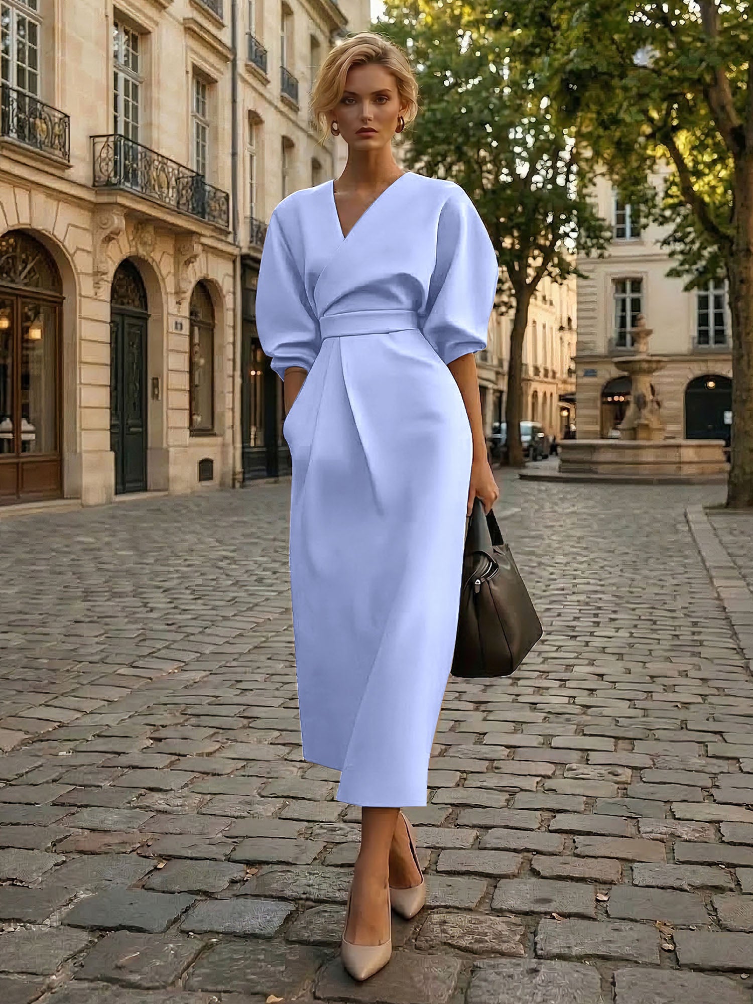 Sophisticated Camel V-Neck Balloon Sleeve Midi Dress Evening Gown