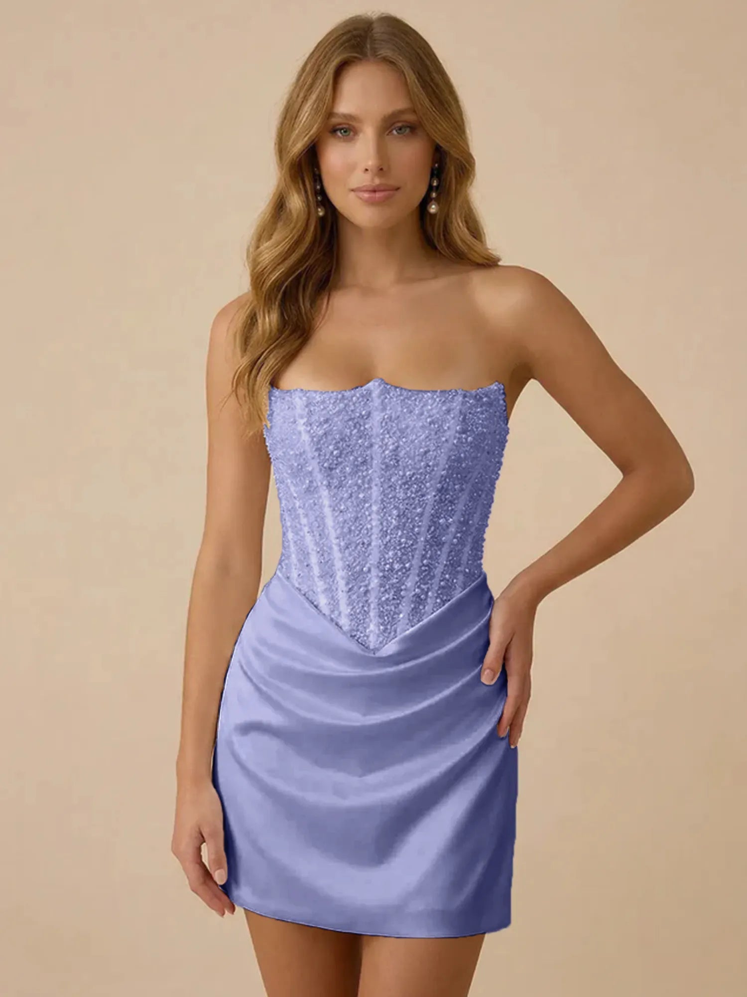 White Strapless Sequin Beaded Satin Short Homecoming Dress with Corset