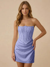White Strapless Sequin Beaded Satin Short Homecoming Dress with Corset