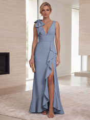Ice Blue Bow-Accent Ruffle Slit Gown Formal Evening Dress