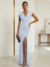 Commanding Formal Evening Dress Emerald Green Plunging V-Neck Slit Gown